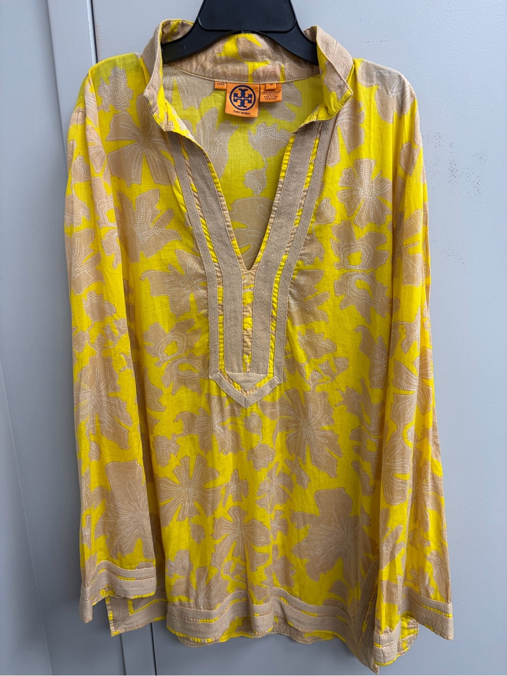 Tory Burch Yellow and Tan Floral Long-Sleeve Tunic
